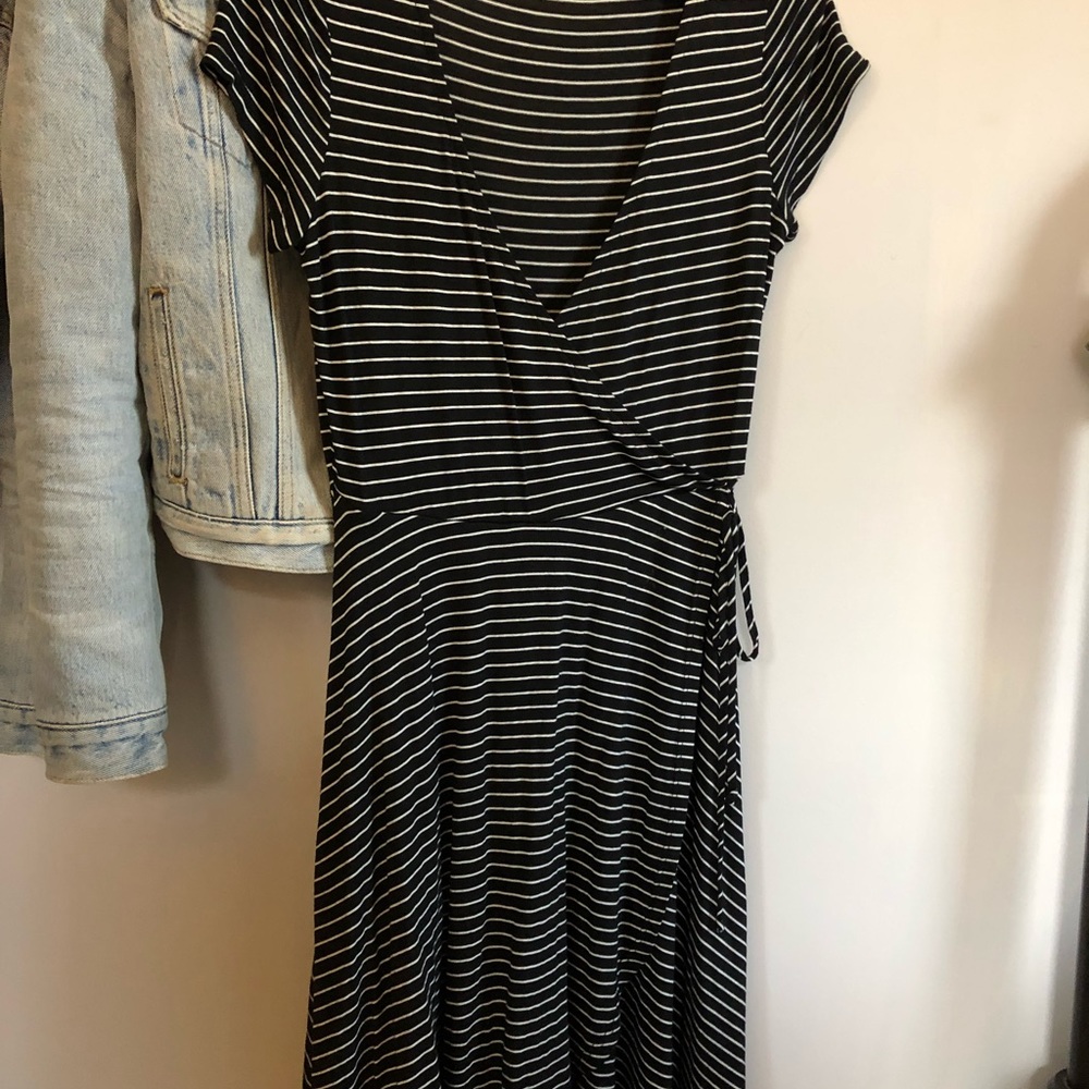 Black and white pinstripe wrap dress